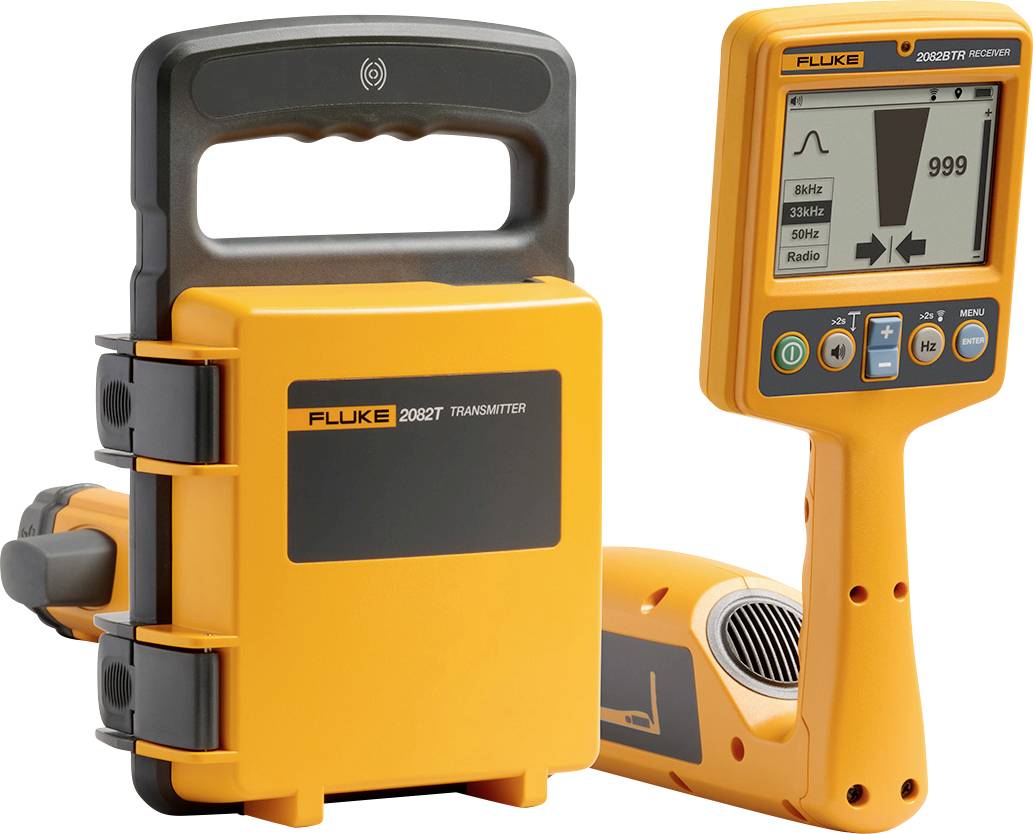 Fluke 2062T transmitter and receiver kit for tracing electrical wiring, shown as orange handheld tools with display and probe.