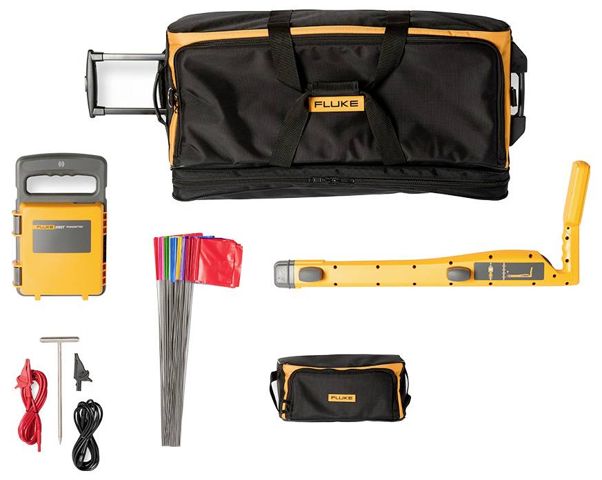 Fluke utility locator kit with carrying bags, handheld unit, probe, stake markers, and red and black leads laid out on a white background.