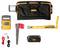 Fluke utility locator kit with carrying bags, handheld unit, probe, stake markers, and red and black leads laid out on a white background.