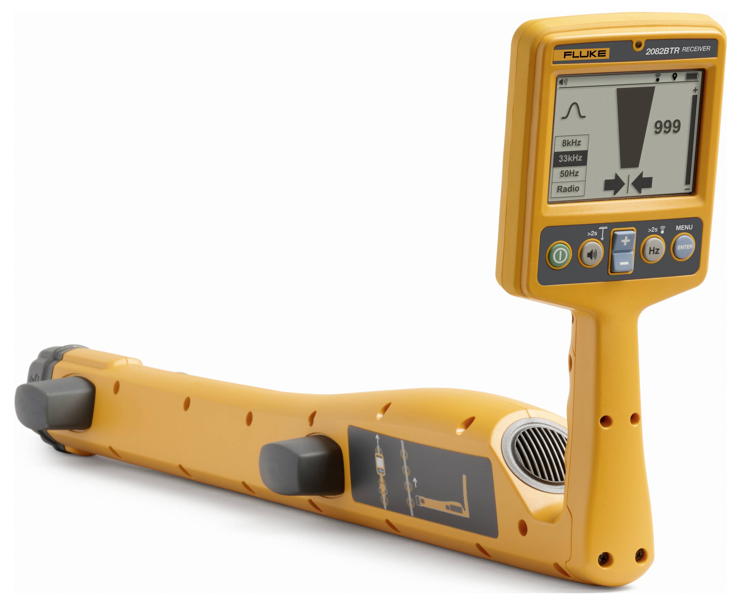 Orange Fluke pipe and cable locator with handheld receiver attached to a long probe, shown on a white background.