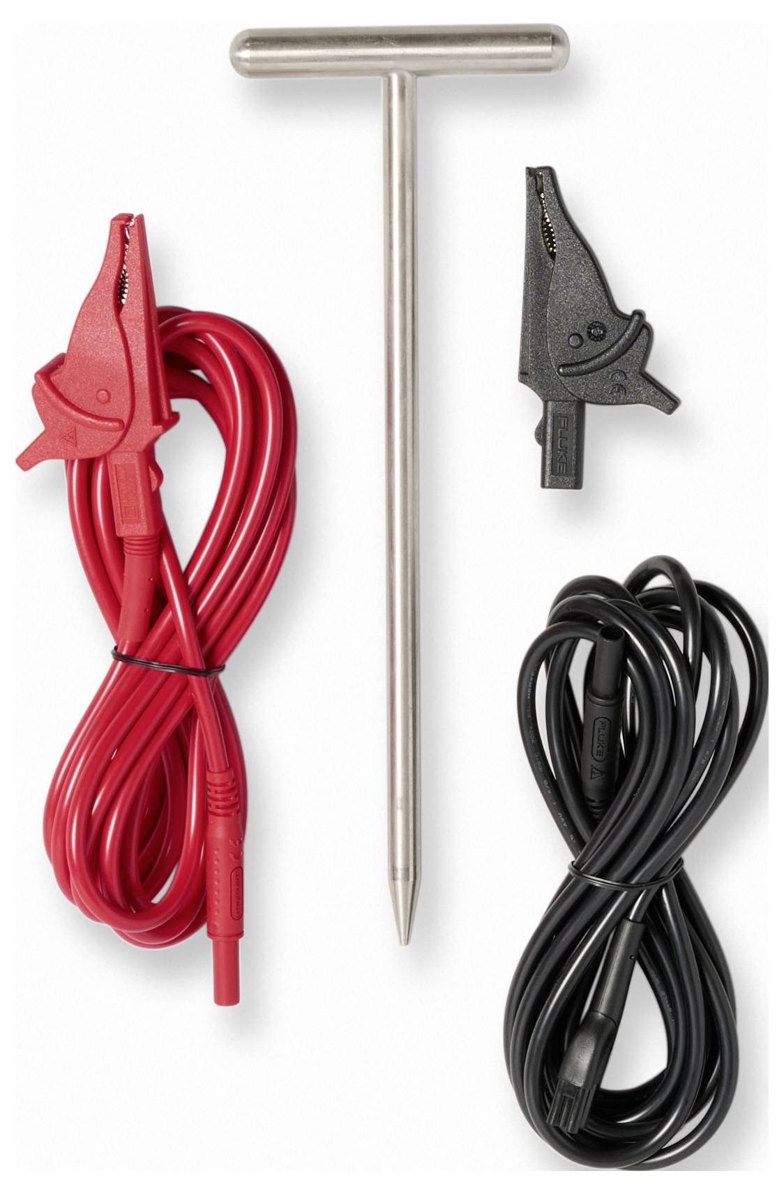 Metal T-handle with red and black insulated test leads and clips, likely a grounding or electrical testing kit.