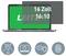 Laptop display comparison highlighting '16 Zoll' and '16:10' over a green screen, with four feature icons below: glare reduction, security, privacy, and fingerprint protection.