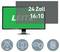 24-inch widescreen monitor with 16:10 aspect ratio, showing 'LEITZ' on a green screen, plus four feature icons below for eye comfort, security, privacy, and fingerprint resistance.