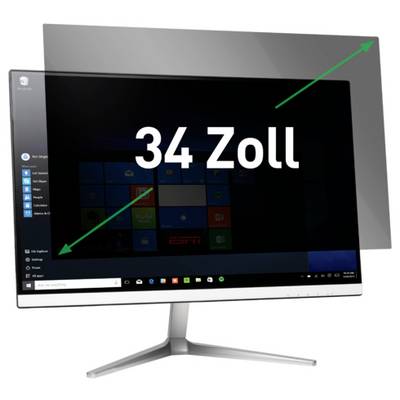 A widescreen desktop monitor labeled '34 Zoll' with arrows indicating its large display size.<br>