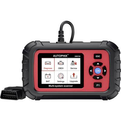 AUTOPHIX DM5700 multi-system car diagnostic scanner with screen showing Diagnose, OBDII, Service, BAT, Settings, and Upgrade options.
