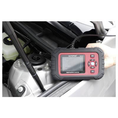Handheld AUTOPHIX multi-system scanner being used in a car engine bay for vehicle diagnostics.
