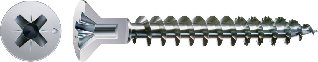 A silver countersunk Phillips screw shown in side view with a matching head close-up, featuring a threaded shaft and sharp tip.