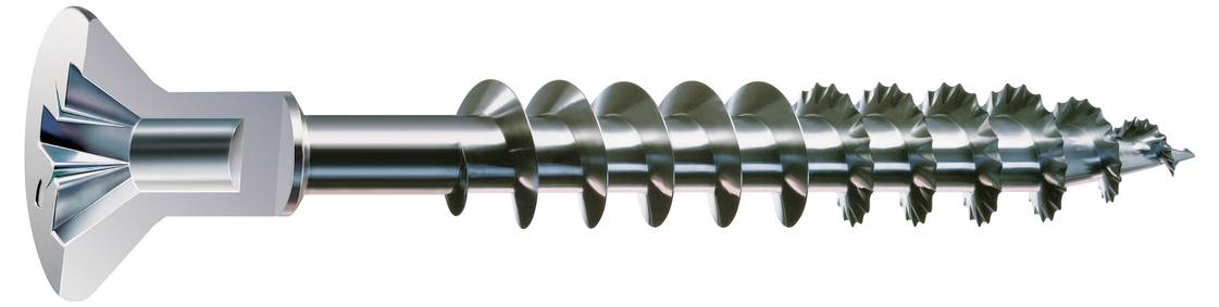 Close-up of a metal screw with a countersunk head and sharp threaded shaft, shown horizontally on a white background.