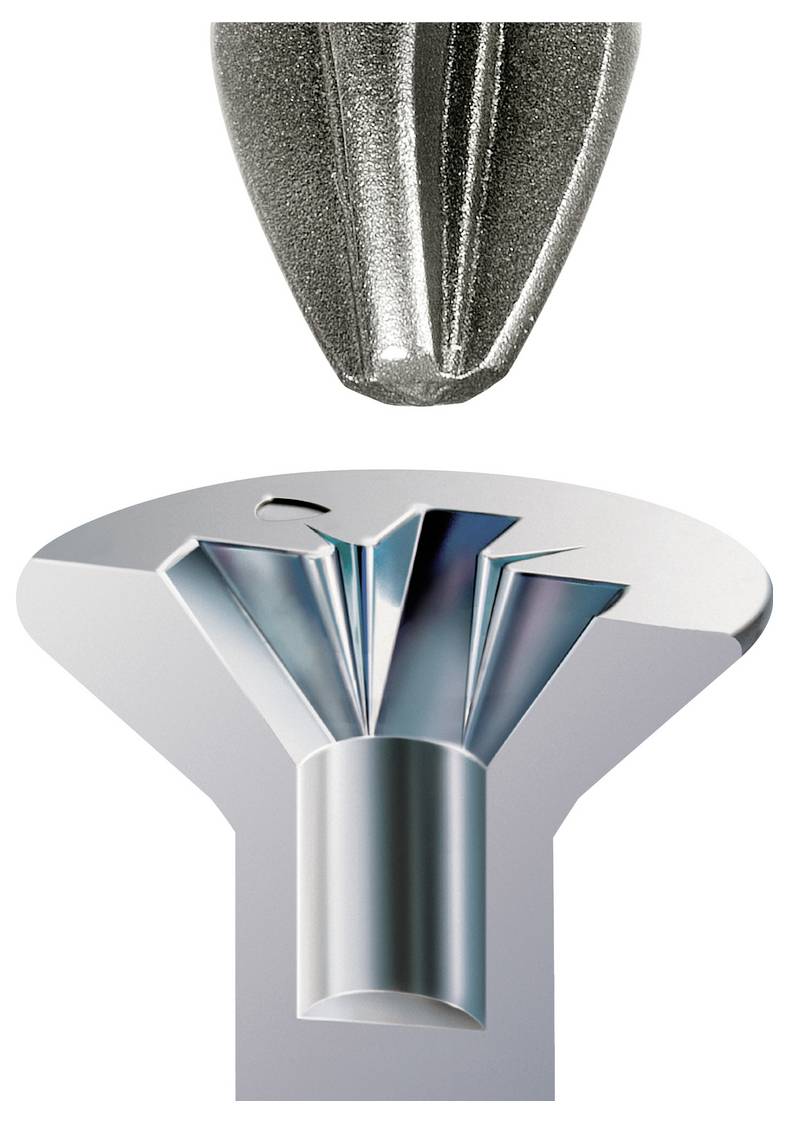 Close-up of a metal countersink drill bit aligned above a conical hole, showing how it shapes a recess in the material.