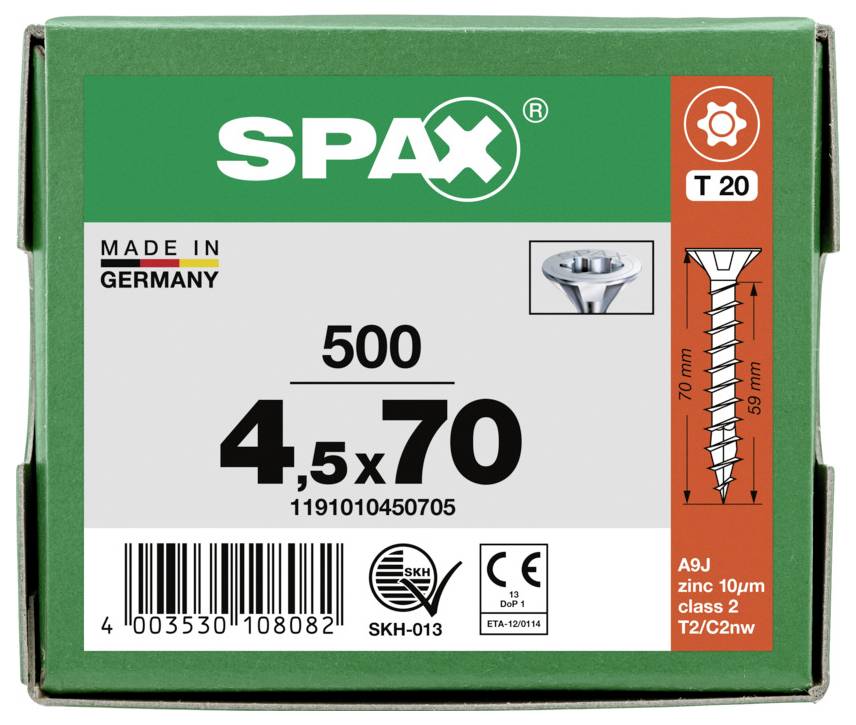 Box of SPAX screws labeled '4,5x70', 500 count, made in Germany, with T20 drive and screw diagram showing 70 mm length.