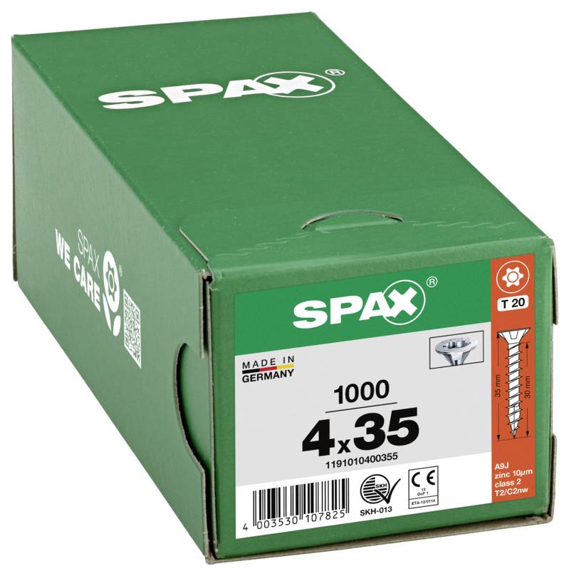 Green SPAX box of 1000 4x35 screws, labeled 'Made in Germany' and 'T20' on the front.