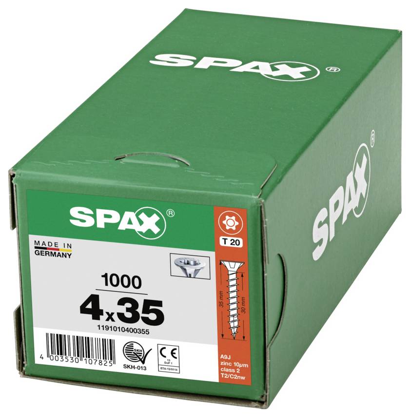 Green SPAX box of 1,000 T20 4x35 screws, labeled Made in Germany.