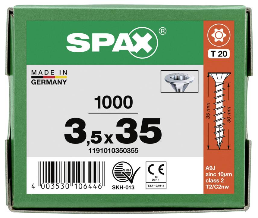 Box of SPAX screws labeled '1000 3,5x35', made in Germany, T20 Torx, 35 mm zinc-coated screws shown with barcode and product details.