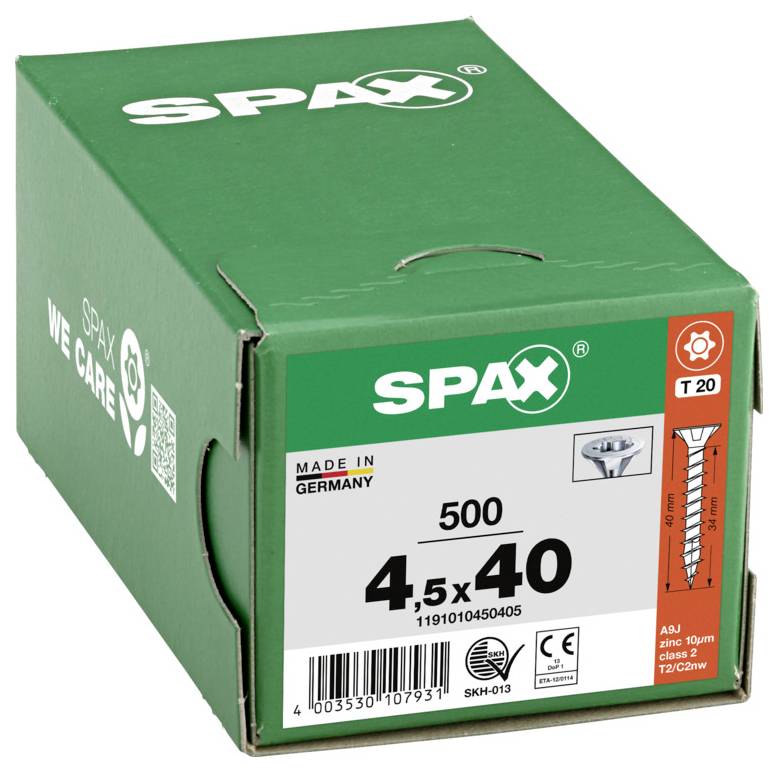 Green SPAX screw box labeled '4,5x40' and '500', made in Germany, with T20 drive and screw illustration on the front.