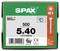 SPAX screw box labeled '500 5x40', made in Germany, showing a T20 star-head wood screw with size and length markings.