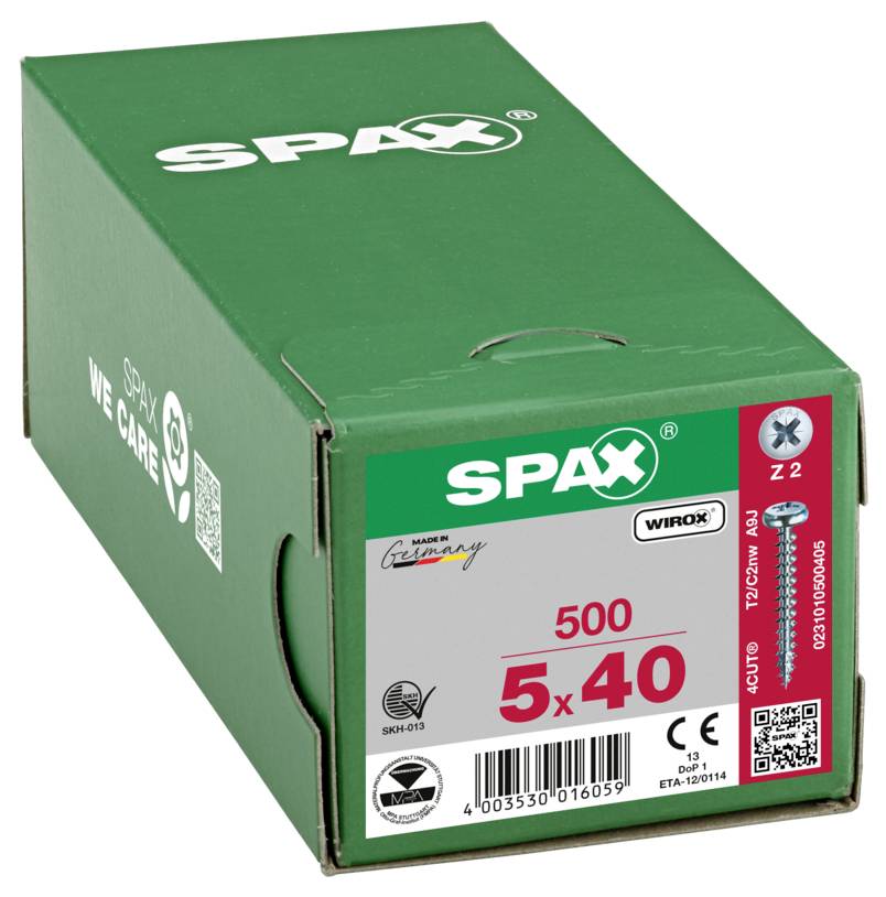 Green SPAX screw box labeled '500 5x40', with WiROX and Z2 markings, shown on a white background.