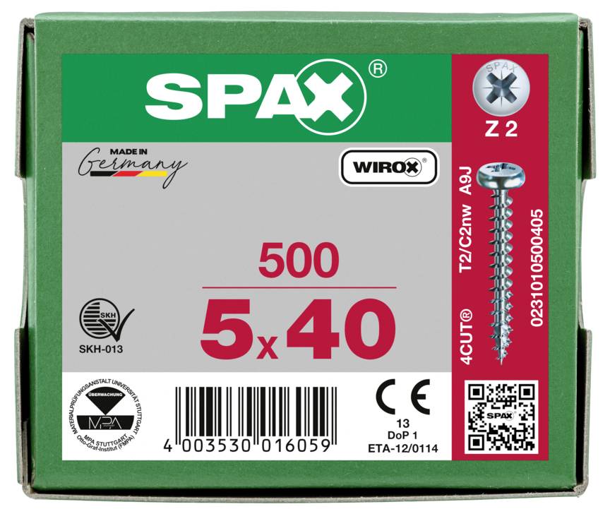Box of SPAX screws labeled '500 5x40', made in Germany, with product codes, barcode, and screw image on the front.