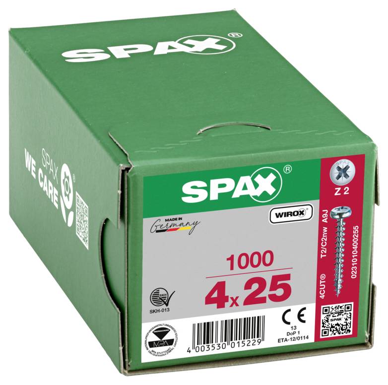 Green SPAX screw box labeled '4 x 25' and '1000', with product and barcode information on the front.<br>