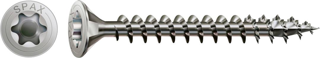 A silver SPAX screw shown in profile, with a star-shaped drive head and threaded shaft, plus a close-up of the matching SPAX head on the left.