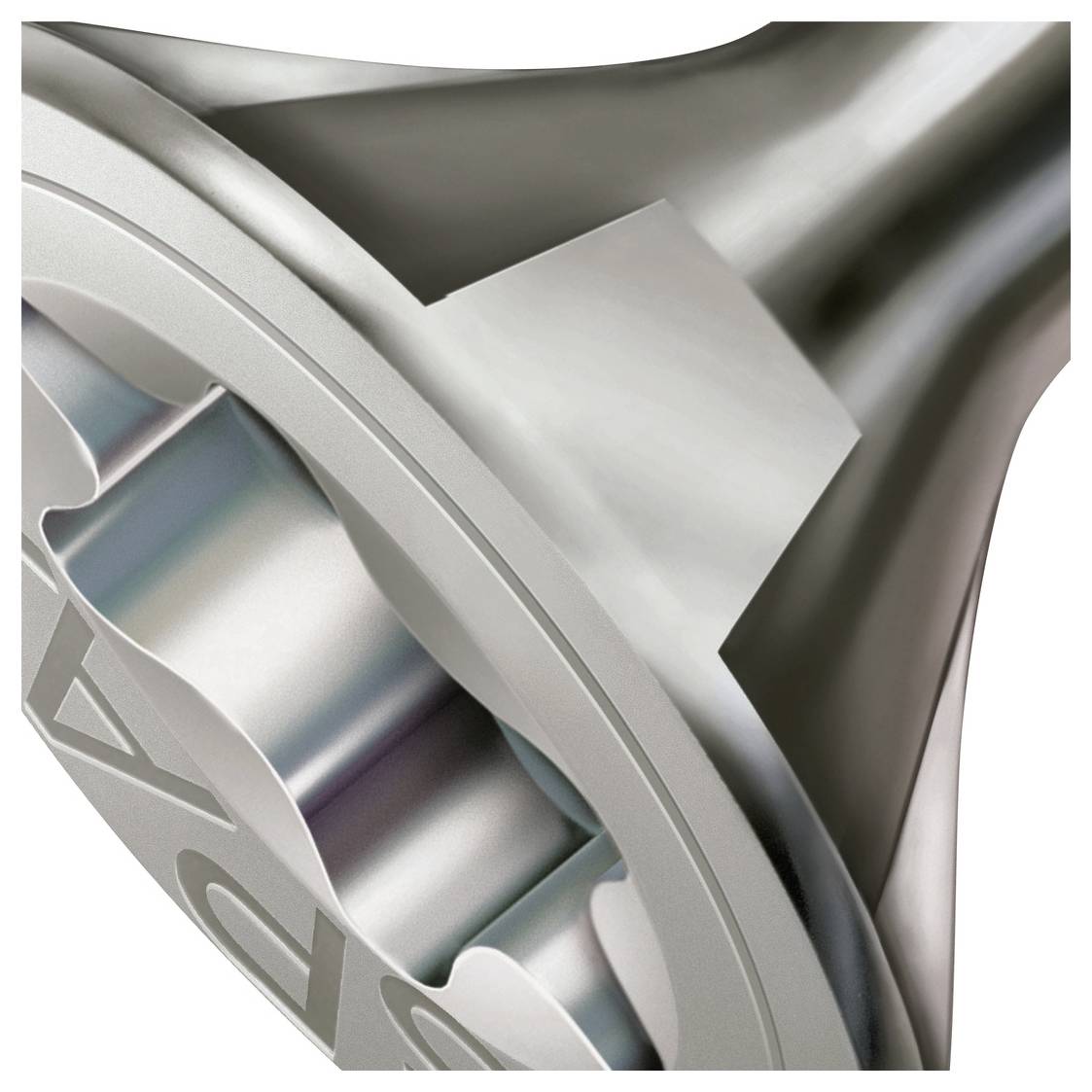 Close-up of a metallic mechanical component with a smooth tapered cone and circular ring, shown in a technical product illustration.