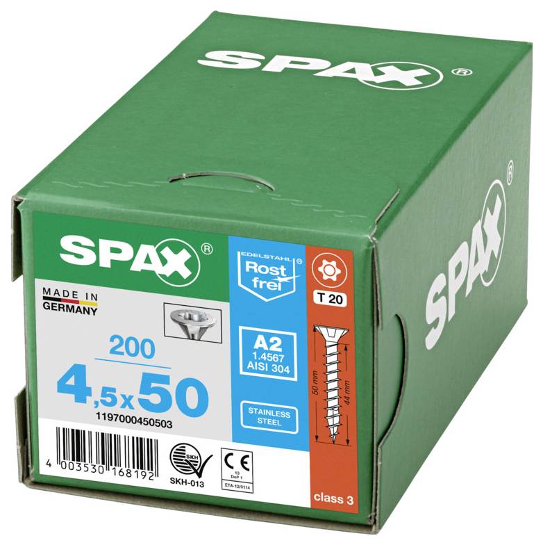 Green SPAX box of 4.5x50 stainless steel screws, labeled 'Made in Germany' and '200' on the front.