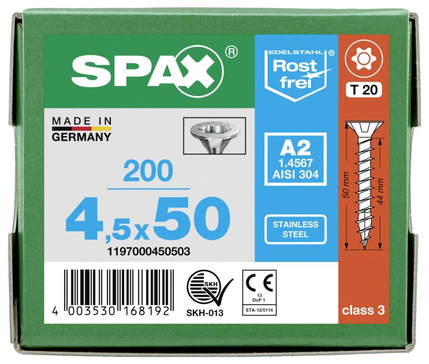 SPAX screw box label showing 200 stainless steel 4.5 x 50 mm 'Rost frei' Torx T20 class 3, made in Germany.
