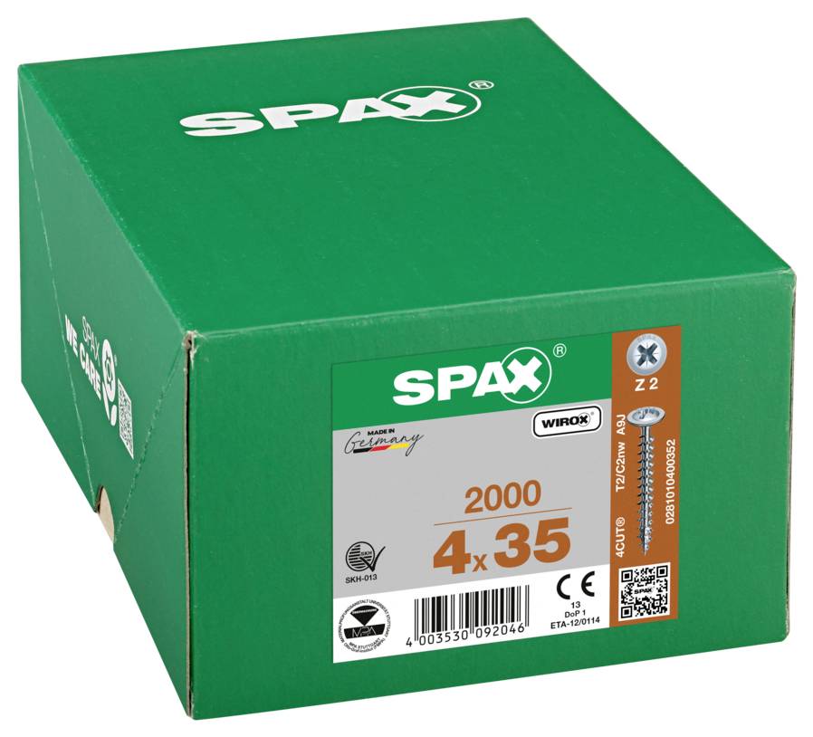Green SPAX screw box labeled '2000 4x35' with product and certification markings on the front.
