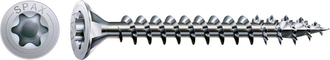 Silver SPAX screw shown in side view with a matching SPAX driver bit head on the left.