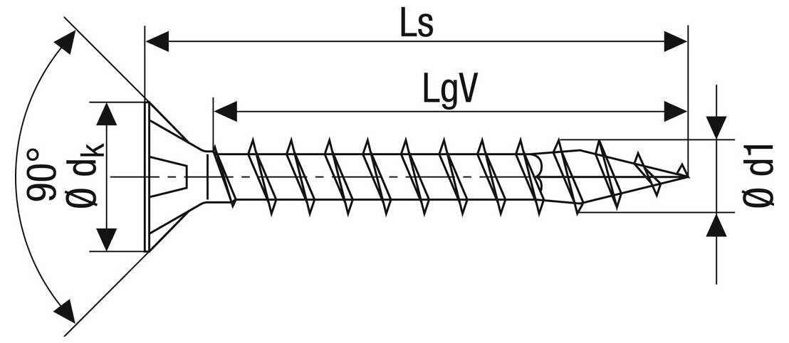 Technical diagram of a countersunk screw with labeled dimensions: 90° head angle, head diameter dk, screw length Ls, thread length LgV, and tip diameter d1.