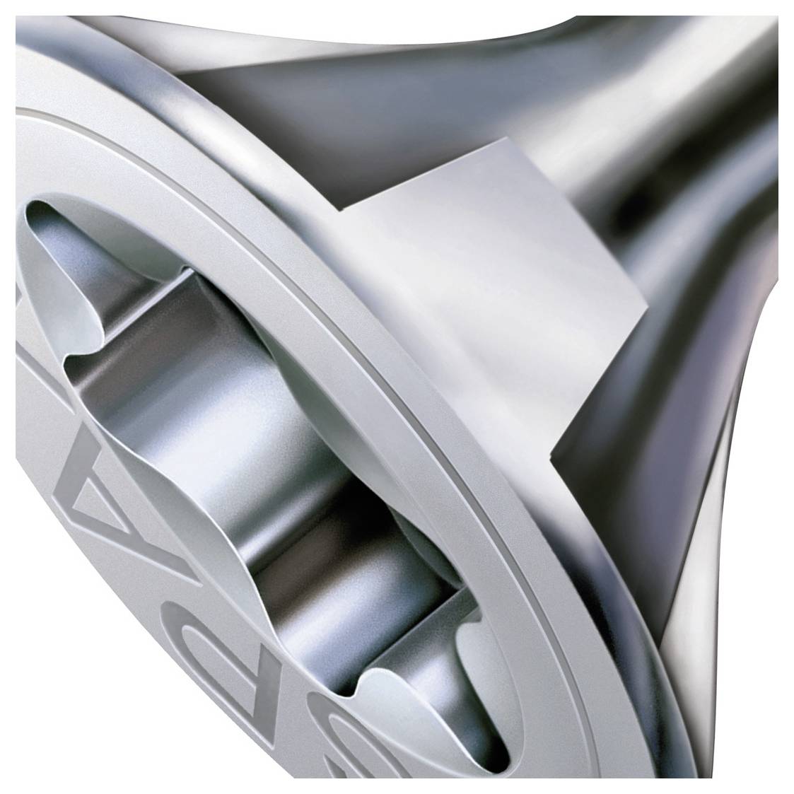 Close-up of a metallic turbine or rotor blade assembly, showing polished silver industrial machinery components.