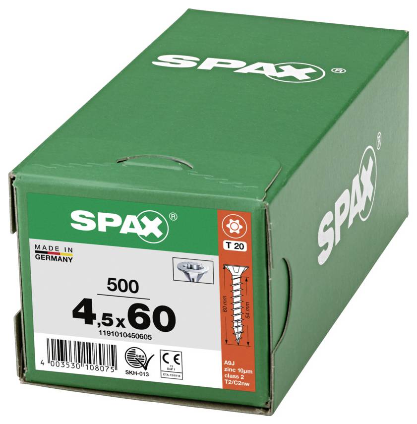 Green SPAX box of 500 T20 4.5x60 mm screws, labeled 'Made in Germany' on the front.