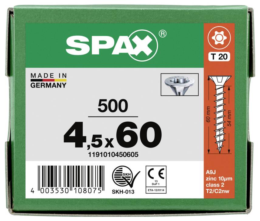 Box of SPAX screws labeled 4.5x60, 500 count, made in Germany, with Torx T20 drive and size diagram on the front.