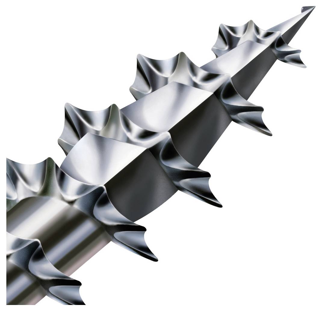 Close-up of a shiny metal drill bit with multiple cutting blades on a white background.
