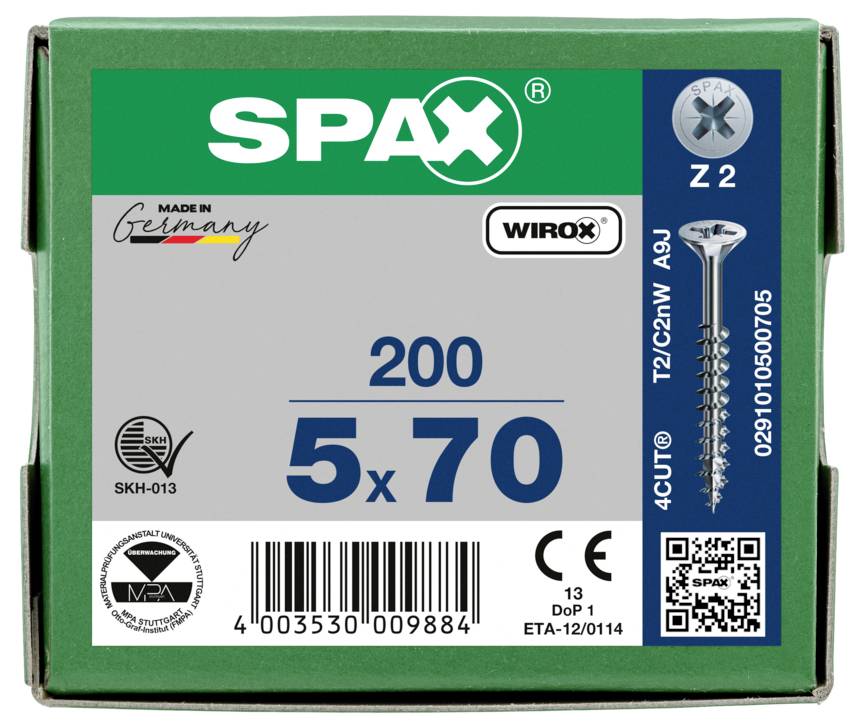 Package of SPAX screws labeled 200, 5x70, with screw illustration, barcode, QR code, and product specs on a green box.
