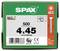 Box of SPAX T20 screws, labeled '500' and '4 x 45', with product number 1191010400455 and 'Made in Germany' on the package.
