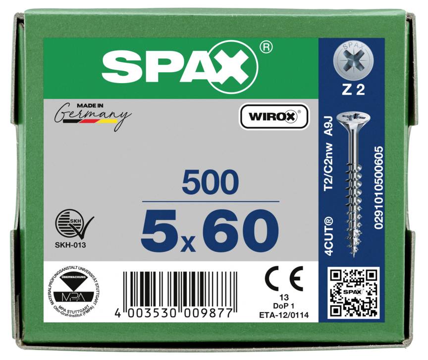 SPAX screw box label showing 500 screws, size 5 x 60, with product branding, barcode, and screw illustration.