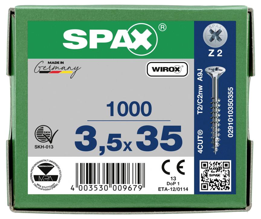 Green SPAX screw box labeled '1000' and '3,5x35', with a screw image, barcode, and product markings.