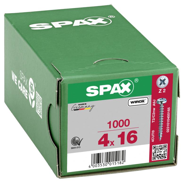 Green SPAX screw box labeled '1000 4 x 16' with product details and barcode on the front.