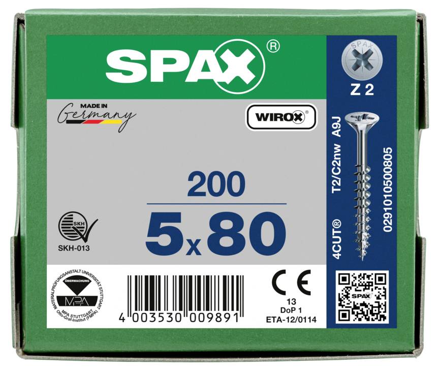 Box of SPAX Wirox screws labeled '200' and '5x80', with product image, barcode, and CE marking.