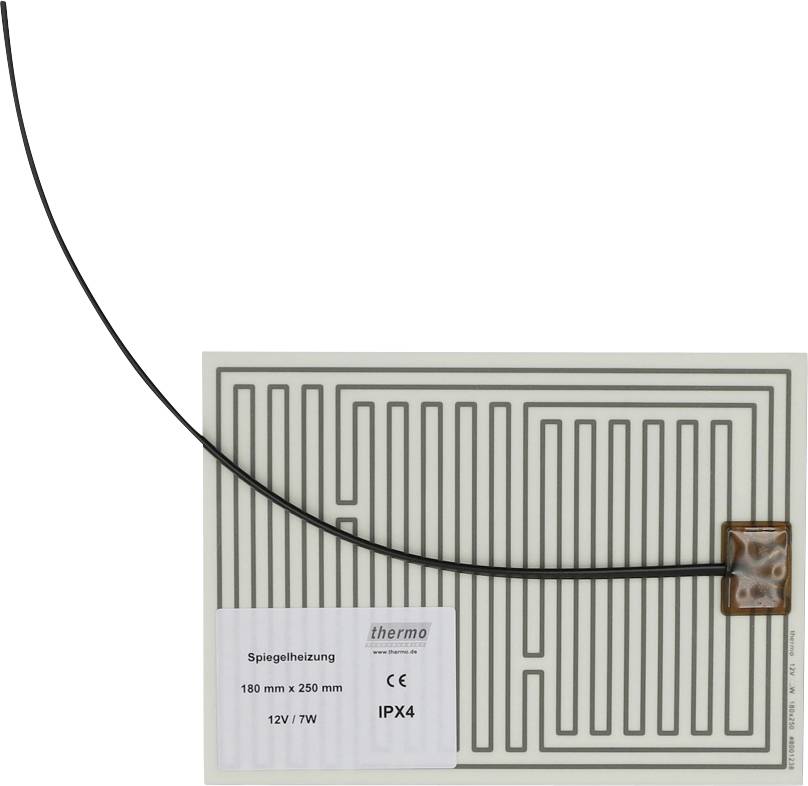 Flexible 180 mm by 250 mm mirror heater pad with attached power lead and label showing 12V 7W, IPX4.