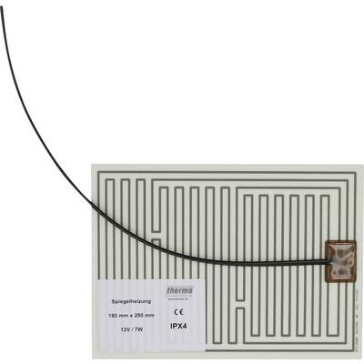 Flexible 180 mm by 250 mm mirror heater pad with attached power lead and label showing 12V 7W, IPX4.
