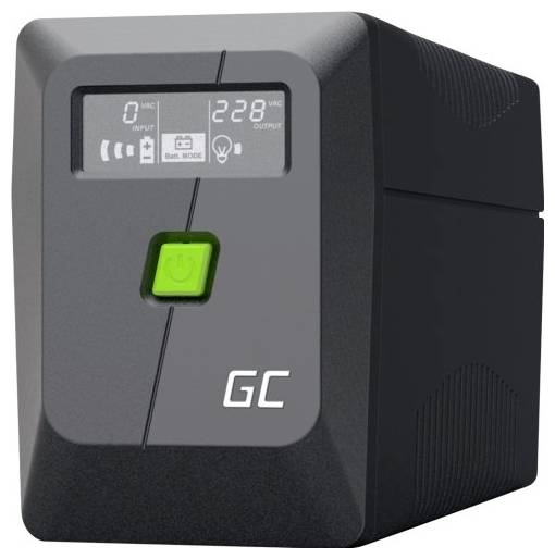 Black UPS battery backup unit with green power button and display showing 0 input and 228 output.