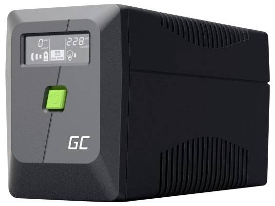 Black GC uninterruptible power supply with small digital display and green power button, shown in three-quarter view.
