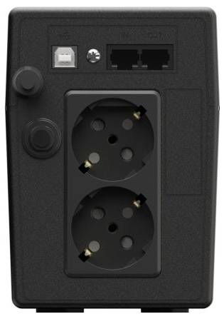 Black wall-mounted power outlet with two round European sockets, two network ports, and a USB port<br>