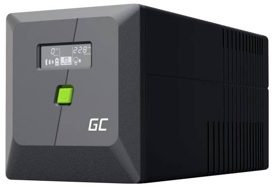 Black GC uninterruptible power supply with small front display and green power button<br>
