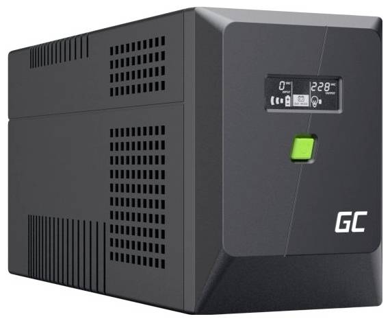Black UPS power supply with front LCD status display and green power button, shown in three-quarter view.<br>
