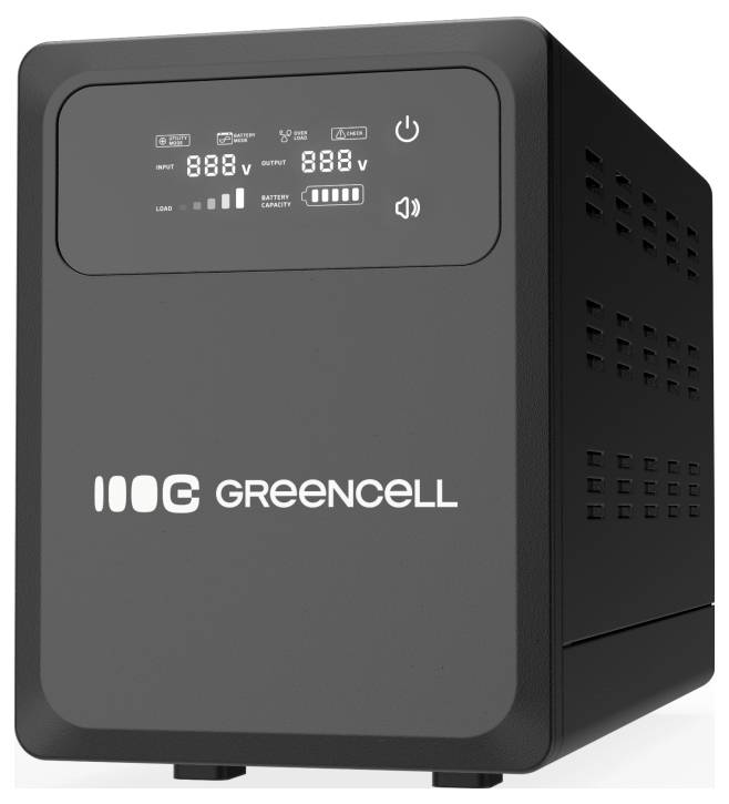 Black Greencell power backup unit with front digital display showing input, output, battery level, power and sound icons.