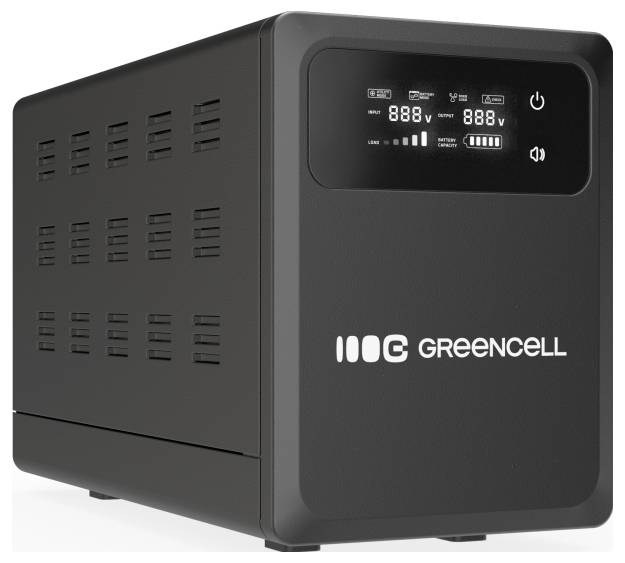 Black Greencell power backup unit with front display showing battery and voltage indicators, power and mute icons.