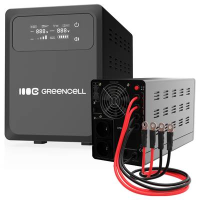 Greencell UPS battery backup unit with front display and connected power cables shown against a white background.
