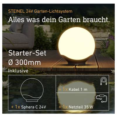 STEINEL 24V garden lighting starter set with a glowing 300 mm Sphera C24V light, includes 1 m cable and 35 W power supply.